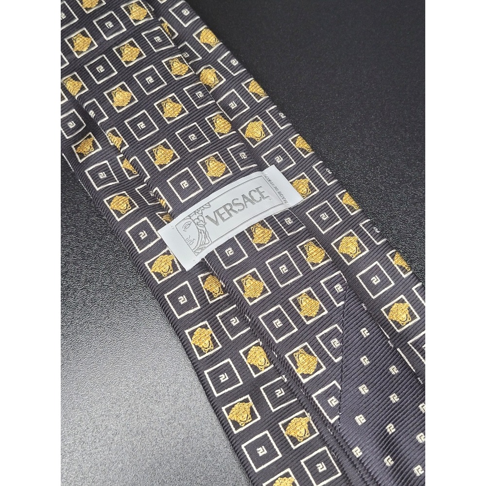 Versace Men's Necktie Black Gold Silver Medusa Geometric Excellent
